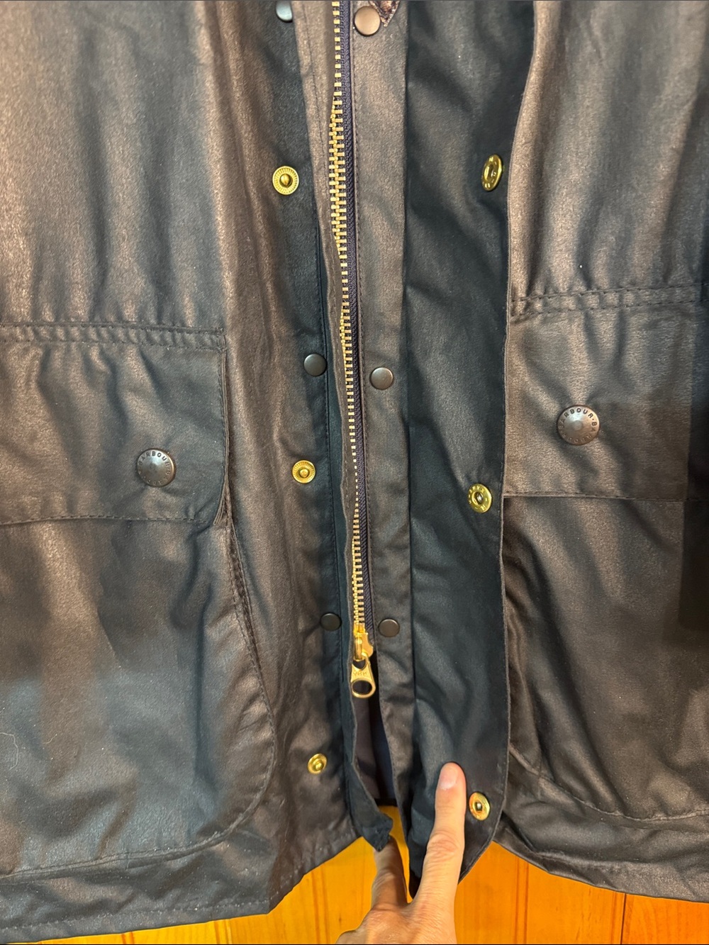 Barbour Border Wax Jacket in Navy with Corduroy Collar and Plaid Lining - Picture 12 of 16